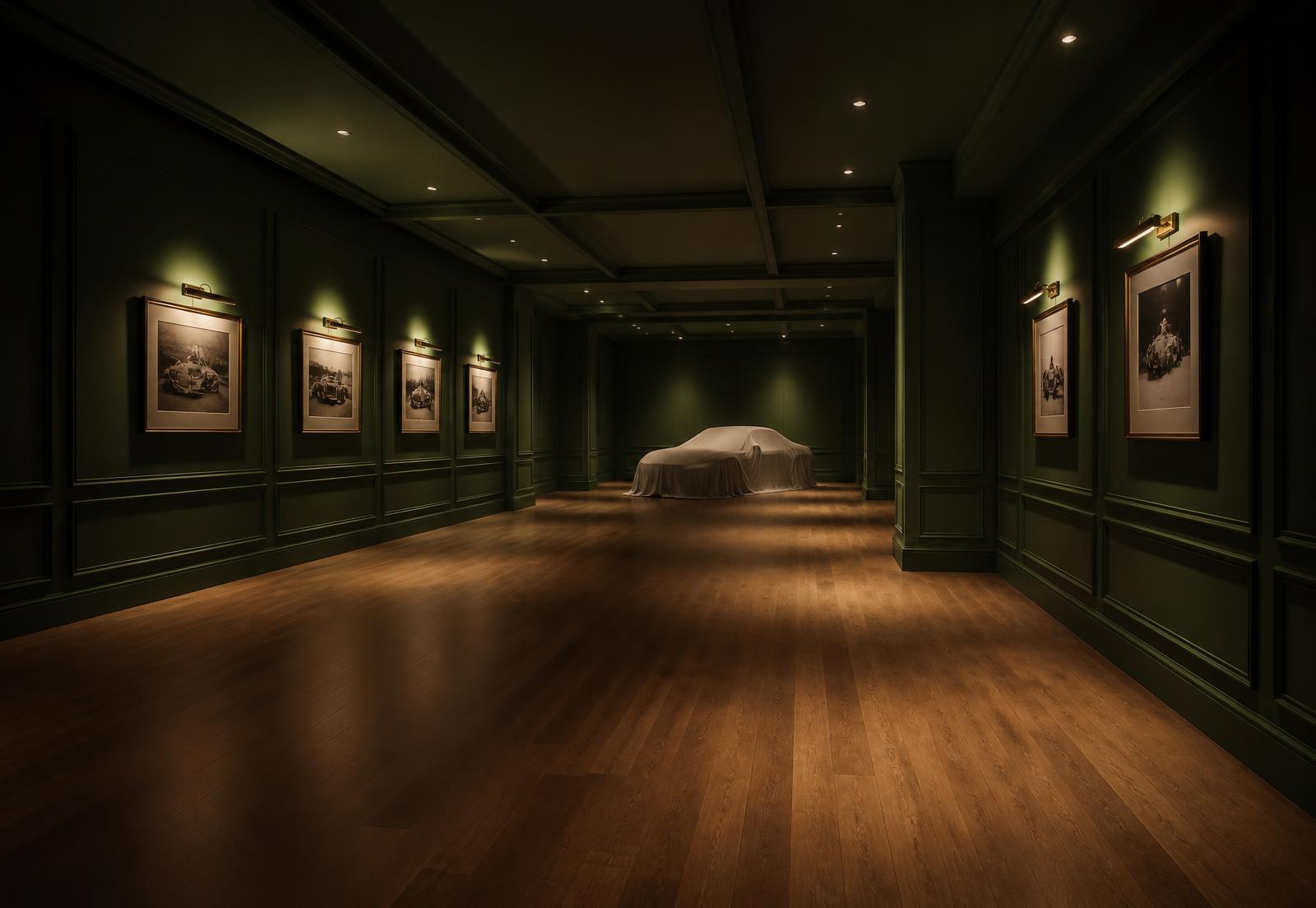 A panelled private collection room lit warmly, with a covered car in the distance