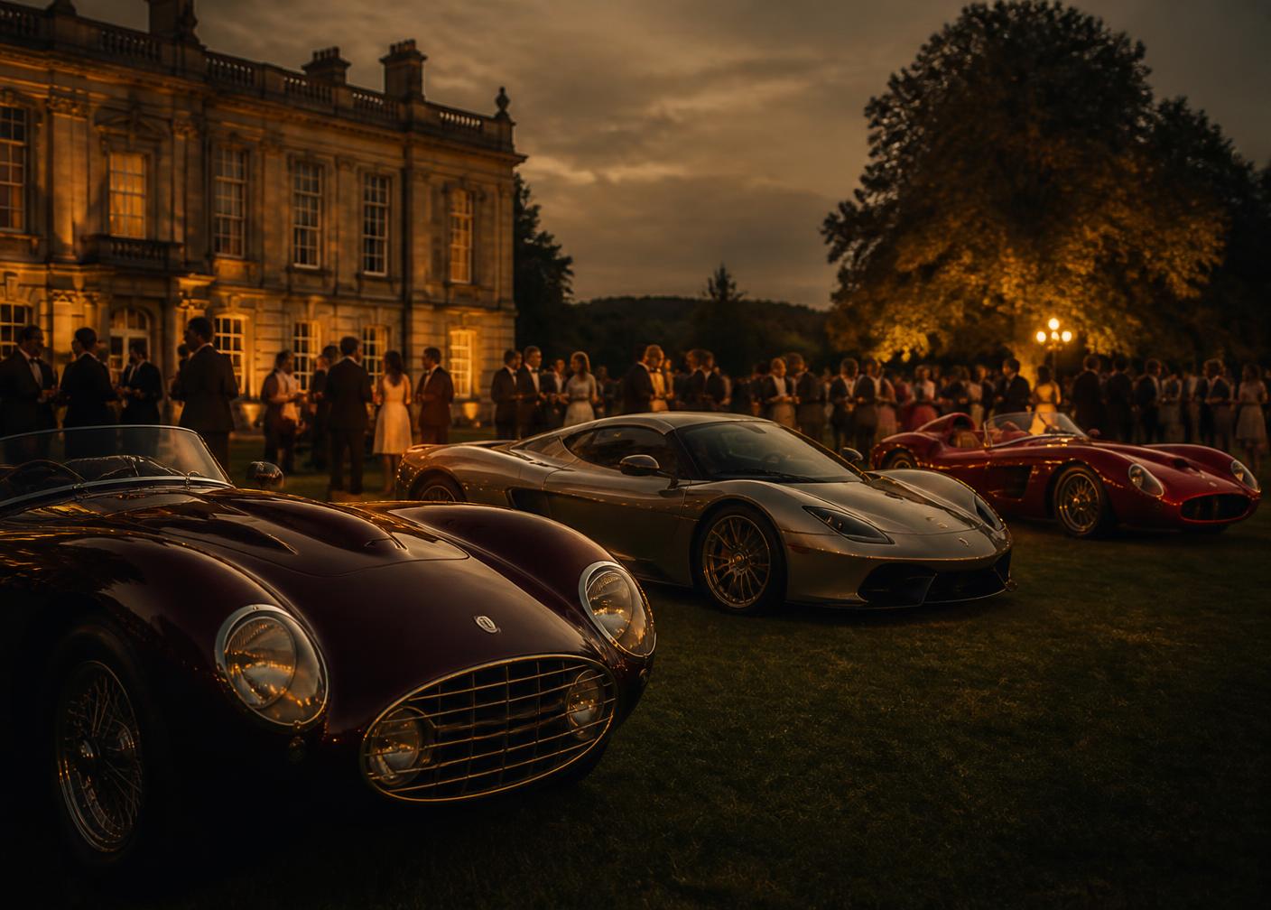 Exceptional cars gathered on a stately home lawn at dusk