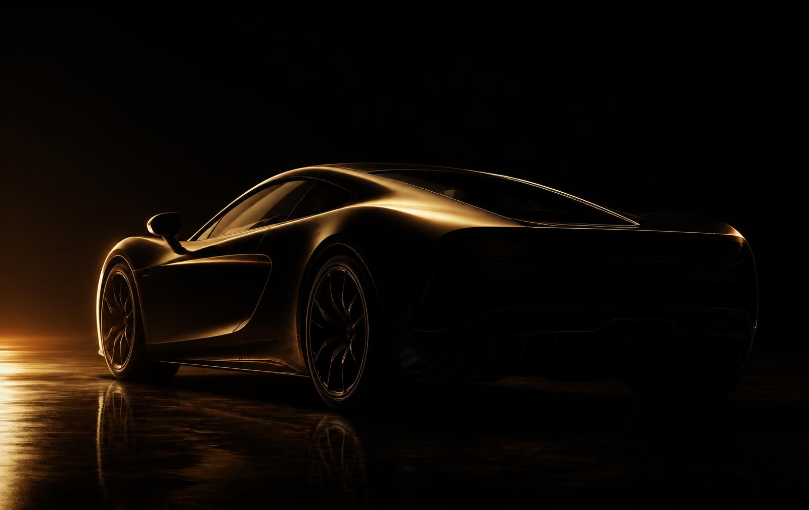 An exotic car outlined in warm golden light within a dark studio